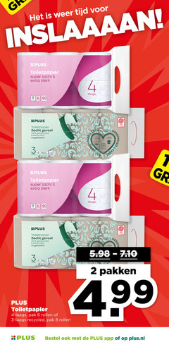  plus huismerk toiletpapier 2 3 4 6 8 100 160 weer super zacht rollen rol gevoel gerecycled ongebleekt www led pak recycled pakken plus.nl 