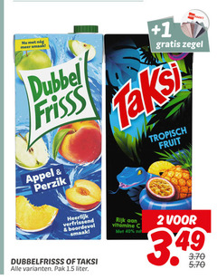  taksi dubbelfrisss fruitdrank 2 40 1 zegel dubbel frisss appel perzik verfrissend boordevol pak liter rijk vitamine tropisch fruit 