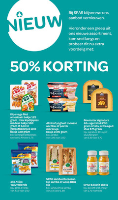  50 160 200 320 aanbod vernieuwen hieronder nieuwe assortiment kom langs kips last madras sate almhof san vega filet americain yoghurt mousse aged bakje mini borrel gehaktballetjes aardbei perzik maracuja beemster signature 48 stuk aviko garlic nevis navy paprika kip sparc shot samba energy blends herbs sandwich caesar wrap bbq benefit shots 