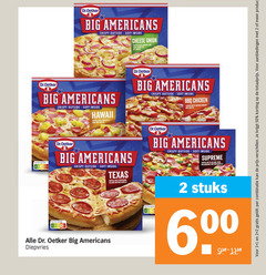  1 2 50 dr.oetker big americans crispy outside soft inside cheese onion topped with onions and four variatie hawaii pineapple ham bbq chicken breast score texas salami mozzarella nutri dr. oetker diepvries supreme mushrooms abc stuks 6 combinatie 