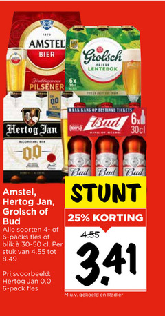  hertog jan grolsch bud amstel blikjes bier 6 25 pilsener lentebok kans festival tickets soorten fles blik stuk pack king gekoeld radler 