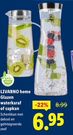  free livarno home glazen waterkaraf sapkan schenkkan deksel zeef 