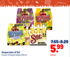  sol desperados speciaalbieren 6 330 tropical beer passion fruit original 330ml virgin 0.0 alcohol citrus cluster blikjes ml zak 5.99 