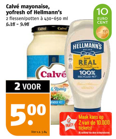  2 10 100 500 mayonaise yofresh flessen potten ml calve cent liter v.a. romig minder vet party same real recycled pet kans 10.000 tickets 
