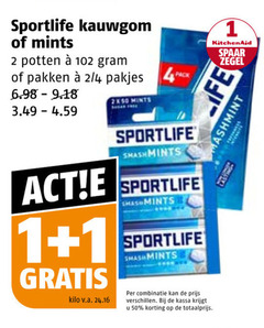  1 2 50 sportlife kauwgom mints potten pakken 4 pack kitchenaid spaar zegel fe kilo v.a. combinatie kassa 