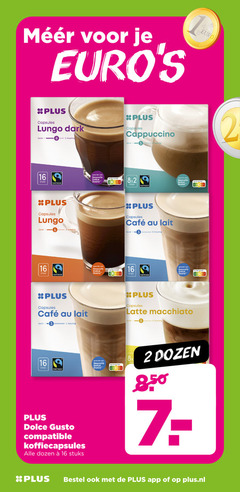  plus huismerk dolce gusto capsules 2 7 9 12 13 16 lungo dark zacht cappuccino zocht nutri score stuks fairtrade abc mcafee lait krachtig latte macchiato compatible koffiecapsules dozen 8x plus.nl 
