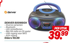  denver boombox bluetooth lichteffecten fm radio cd speler usb ingang mp3 aux elders stuk 