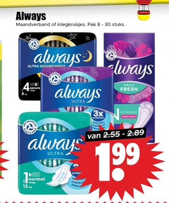  always maandverband inlegkruisjes 8 13 30 pak stuks ultra secure night daily fresh pads wings recycled elastic protec 3x protection odour normal scent 