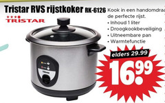  1 tristar rvs rijstkoker kook handomdraai rijst inhoud liter droogkookbeveiliging uitneembare pan warmtefunctie elders 