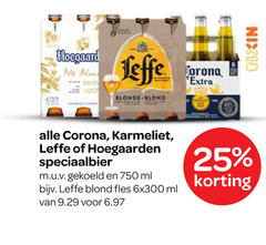 6 25 750 hoegaard na blanc leffe blonde blond torona extra nix18 alle corona   karmeliet of hoegaarden speciaalbier m.u.v.gekoeld en ml bijv . fles 6x300 van 9.29 voor 6.97   korting