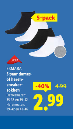  5 pack lycra esmara paar dames heren sneakersok sokken damesmaten herenmaten 