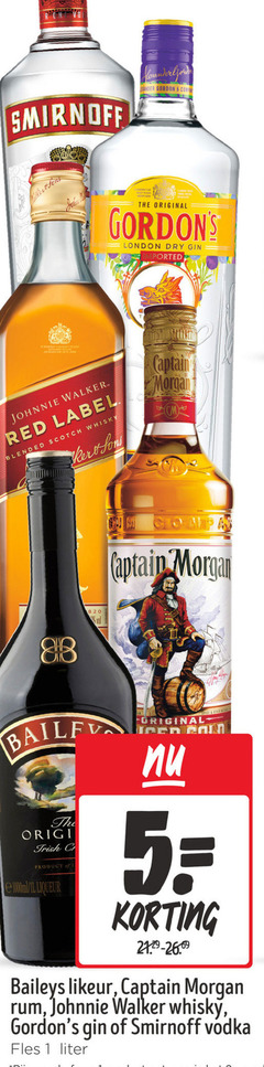  1 5 smirnoff gordon holder johnnie walker red label blended scotch whisky original london dry gin captain morgan cm bailey originele irish cr l liqueur baileys likeur rum vodka fles liter 