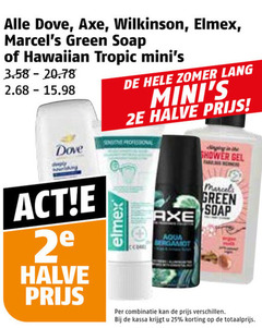  25 dove axe wilkinson elmex green soap hawaiian tropic deeply zomer lang 2e halve professional ping shower gel aqua combinatie kassa 