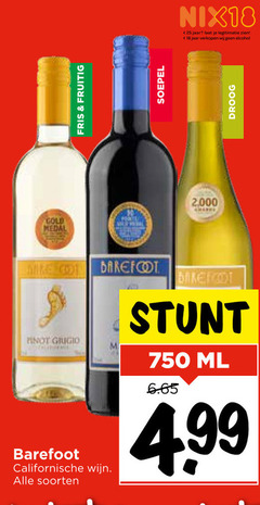  rode wijn witte 18 25 750 nix18 jaar legitimatie alcohol gold medal fris fruitig soepel droog mike barefoot pinot grigio californische soorten ml 