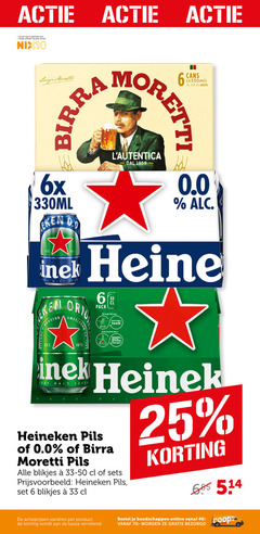  heineken 0.0 birra moretti blikjes bier 6 18 25 33 40 100 jaar legitimatie alcohol nix18 luigi 4 beer 6x 330ml nek reine honneur orig amsterdam pack draagt duurzame teelt groene energie malt pils varieeren kassa online 