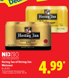  hertog jan blikjes bier 1 6 18 25 33 natuurzuiver traditioneel granen 5.1 fris nix18 jaar alcohol legitimatie weizener pils varieeren 