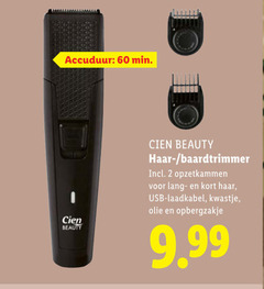  2 10 60 accuduur min www cien beauty baardtrimmer opzetkammen langzaam kort haar usb laadkabel kwastje olie opbergzakje 