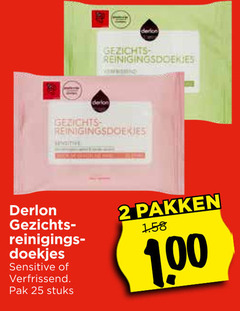  2 25 derlon gezichts reinigings doekjes sensitive verfrissend pak stuks pakken 1 00 