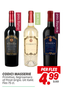  rode wijn witte fruitig rood fris wit odeo codici primitivo negroamaro pinot grigio fles 5.99 