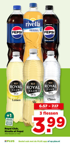  1 3 pepsi rivella original licht sprankelend taste zero sugar royal club suiker bitter lemon ginger tonic classic handdoek zegel flessen liter 3.99 plus.nl 