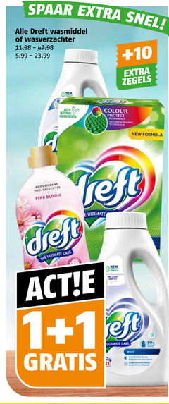  dreft wasmiddel 1 99 spaar wasverzachter 5.99 new with ingredients 10 zegels colour protect technology formula adoucissant pink bloom ultimate care white 