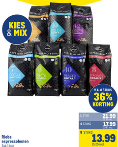  rioba koffiebonen 1 4 8 10 12 36 100 mix espresso beans roast medium dark bold arabica robusta italian style spicy intense decaf smooth fruity bio easy sweet fairtrade royal strong creamy espressobonen zak kilo stuk stuks v.a. 