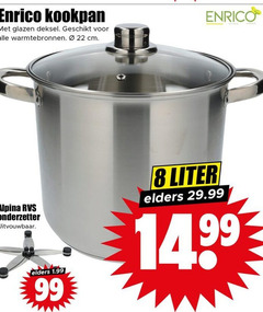  kookpannen 8 22 99 enrico kookpan glazen deksel warmtebronnen cm alpina rvs onderzetter uitvouwbaar elders liter 