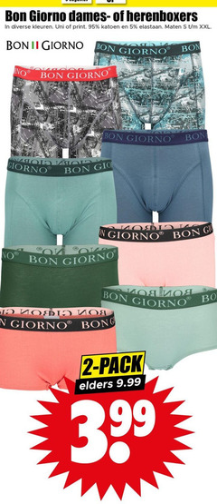  heren boxershorts 2 5 bon giorno dames herenboxers kleuren uni print katoen elastaan maten xxl ii gio pack elders 3.99 