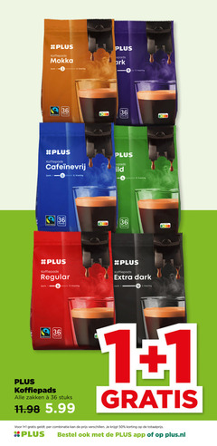  plus huismerk koffiepads 1 4 12 16 32 36 40 50 400 mokka zacht fairtrade porties ark co regular zakken stuks 5.99 dark combinatie plus.nl 