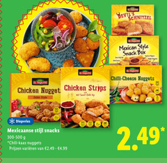  tequila schnitzel mexican style snack box spicy chilly chicken nugget salsa strips hot sweet chilli dip www cheese nuggets re diepvries mexicaanse stijl snacks 300-500 chili kaas varieeren 