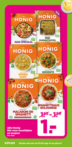  honig maaltijdmix soep 1867 tafel eur basis kruiden mix nasi specerijen prei ovenschotel kerrie kippen groente pers macaroni spaghetti boodschappenlijstje achterzijde maaltijden soepen stuk spaghettisaus bolognese plus.nl 
