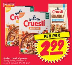 299 wij blijven goedkoop hew look sahe deat teate  e  qu cru lu new loon same great taste quaker cruesli multifruit which in fiber granola zero sugar added pecan   brazil nuts nutal - score b de hutri cde of luchtig naturel   pak 375-450 gram per 