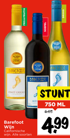 750 fris fruitig soepel gold droog pinot grigio barefoot wijn californische soorten ml 