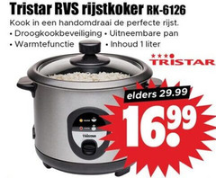  1 tristar rvs rijstkoker kook handomdraai rijst droogkookbeveiliging uitneembare pan warmtefunctie inhoud liter elders 