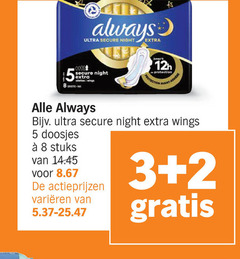  always maandverband inlegkruisjes 2 3 5 8 ultra secure night wings protection doosjes stuks varieeren 