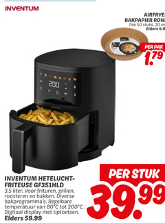  inventum friteuse 2 20 50 80 200 airfryer bakpapier rond pak stuks cm elders hetelucht 3 5 liter frituren grillen roosteren bakken regelbare temperatuur digitaal display tiptoetsen stuk 99 