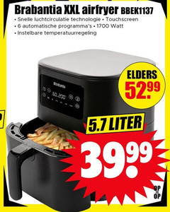  friteuse brabantia xxl airfryer luchtcirculatie technologie touchscreen automatische watt instelbare temperatuurregeling elders liter 