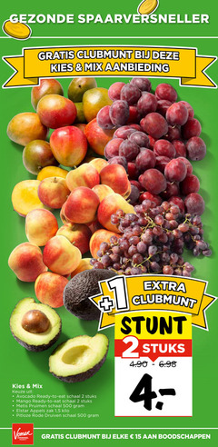  2 15 500 spaarversneller clubmunt mix aanbieding 00 avocado ready to schaal stuks mango pruimen elstar appels zak 1 5 kilo pitloze rode druiven voordeel markt 