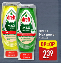  450 dreft power lemon moins 4x minder schrob biologisch afbreekbare efficace briliant water bespaar energie anti technologie fuite recyclable schrobben ingredienten briljant ml 