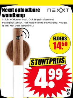  18 nexxt oplaadbare wandlamp licht donker hout gebruiken bewegingssensor magnetische bevestiging hoogte cm usb kabel elders 