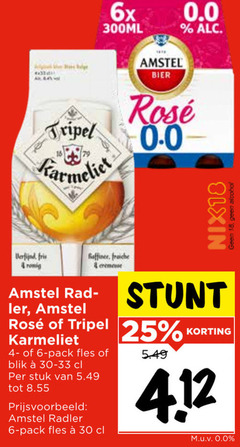  amstel karmeliet speciaalbieren radler bier 4 6 18 25 30 tripel 6x 300ml 0.0 rosee fris fraiche pack fles blik stuk nix18 alcohol 