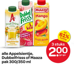  dubbelfrisss appelsientje fruitdrank 1 3 200 dubbel fruit drink orange maaza mango kca cranberry pak 300 350 ml stuks 