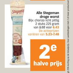  stegeman cervelaatworst droge worst chorizo 2 25 225 pittig licht stuks varieeren halve productvarianten 