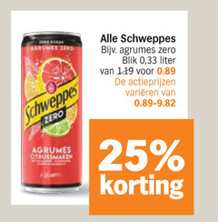  schweppes frisdrank 25 zero blik 33 liter varieeren 