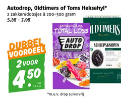  autodrop heksehyl oldtimers drop snoep 2 toms zakken doosjes dubbel voordeel kilo v.a. total loss auto original crash bone scheepsknopen m.u.v suikervrij 