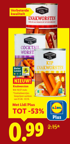  10 zwagerman knakworsten snack broodje cocktail worst beter leven dieren bescherming kip blik 27 stuks cocktailworstjes varieeren score 