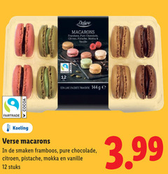  12 macarons framboos chocolade citroen mokka vanille cocoa zoete traktatie ge fairtrade koeling verse smaken pistache stuks 3.99 