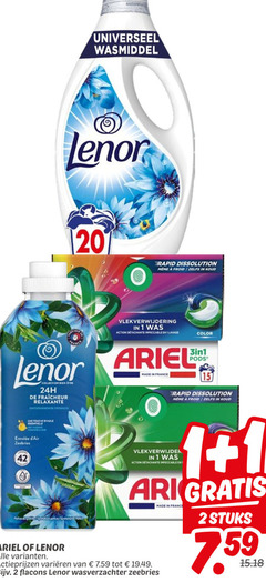  ariel lenor wasmiddel wasverzachter 1 2 15 42 rapid vlekverwijdering impeccable color collection relaxante ontspannende touche essentielle zeebries france action varieeren stuks 