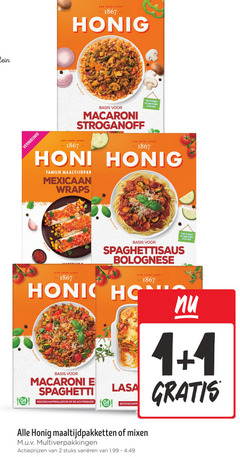  honig maaltijdmix 1 2 1867 vernieuwd tafel basis macaroni stroganoff kruiden specerijen mix honing familie maaltijdpak mexicaan wraps spaghettisaus bolognese spaghetti pers boodschappenlijstje achterzijde maaltijdpakketten mixen stuks varieeren 