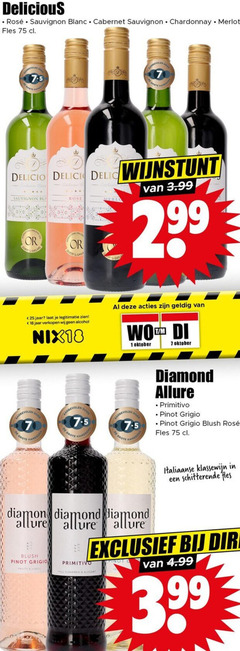  witte wijn rose rode 1 7 18 25 rosee sauvignon blanc cabernet chardonnay merlot fles delicio 3.99 jaar legitimatie alcohol nix18 oktober hamersma diamond allure primitivo pinot grigio blush fruity italiaanse klassewijn full elegant 